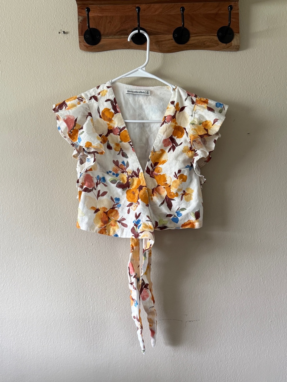 Abercrombie & Fitch Floral Cotton Linen Ruffle Sleeve Tie Front Crop Top Size XS - Picture 2 of 6